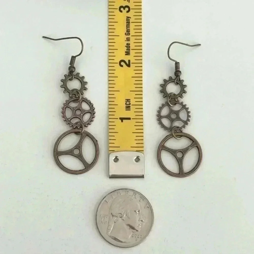 Steampunk Cosplay Simple Gear Bronze Drop Earrings Handmade NWT
